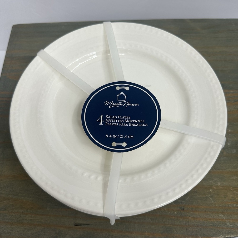 Set of 4 MAISON NEUVE White Beaded Rim 8.4" SALAD Plates Ceramic Pearl NEW